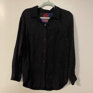 Vintage Carole Little Womens Black Button‎ Shirt Size 8 Long Sleeve Floral Print